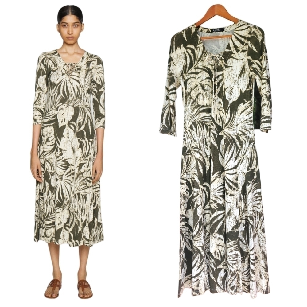 Lauren Ralph Lauren Dimitrius Palm Leaf Print Cotton Modal  Dress Size 10
